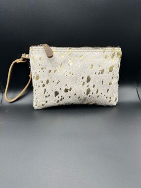 Myra Bag Cream Cowhide Wristlet with Gold Splatter